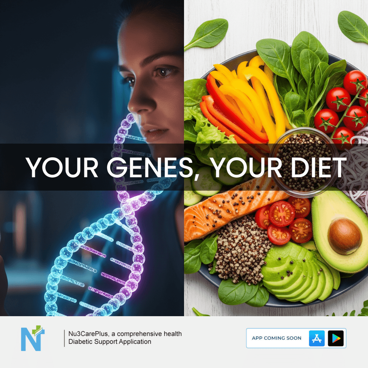 A split image showing a glowing DNA helix on the left and a person looking at it, and a colorful plate of healthy food (salmon, avocado, vegetables, quinoa) on a white wooden surface on the right. At the bottom, the Nu3CarePlus logo, app description, and 'APP COMING SOON' banner with app store icons are visible