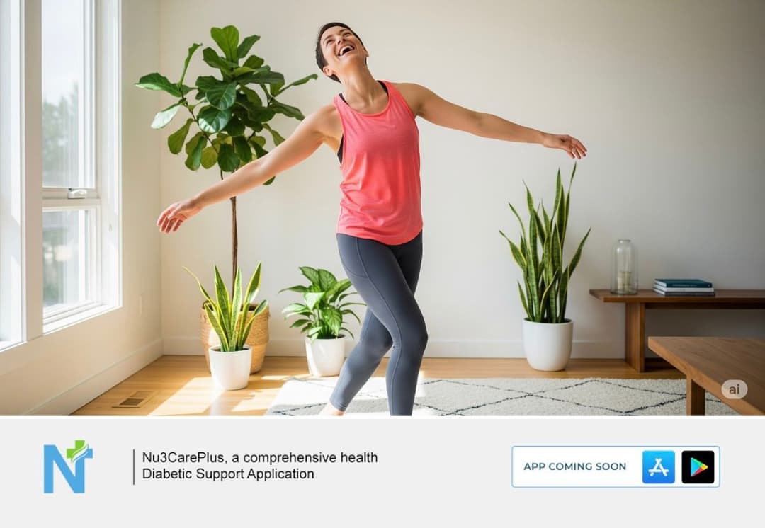 A digital graphic with two main sections. The top half is a photo of a woman in a pink tank top and grey leggings, laughing joyfully while stretching in a bright, modern living room with plants. The bottom half is a branding banner with the "Nu3CarePlus" logo and the text "Nu3CarePlus, a comprehensive health Diabetic Support Application," with "APP COMING SOON" and app store icons. The file title at the top of the image reads "Hydration is digestion’s best friend
