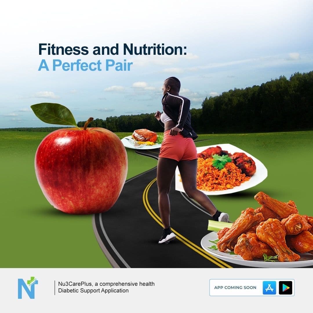 An image written fitness and nutrition and a black lady running on a tiled road with fruits like apple and foods around the runway