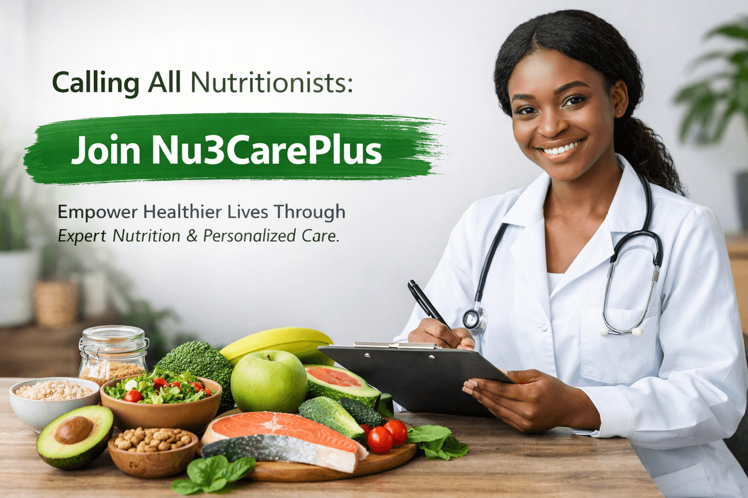 Image of Nutritionist and Fruits on the table.