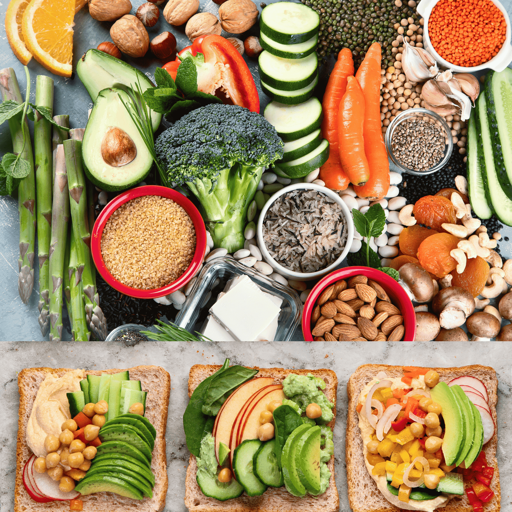 An image of plant-based foods in different varieties like carrot, avocado pear, orange. cucumber, broccoli, lettuce, spinach, nuts etc. with their colors eg red, green, yellow